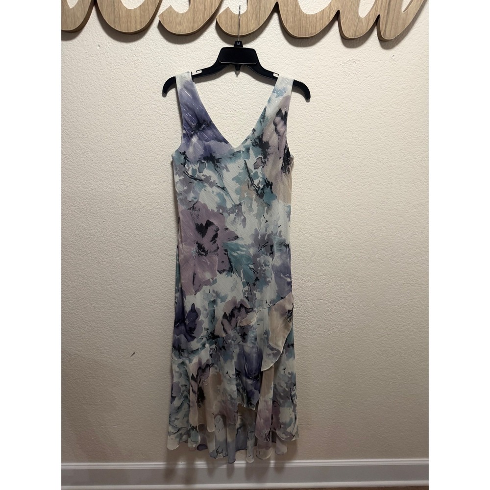 R&M Richards Womens Floral V-Neck Ruffle High Low Midi Dress Purple Blue Size 12